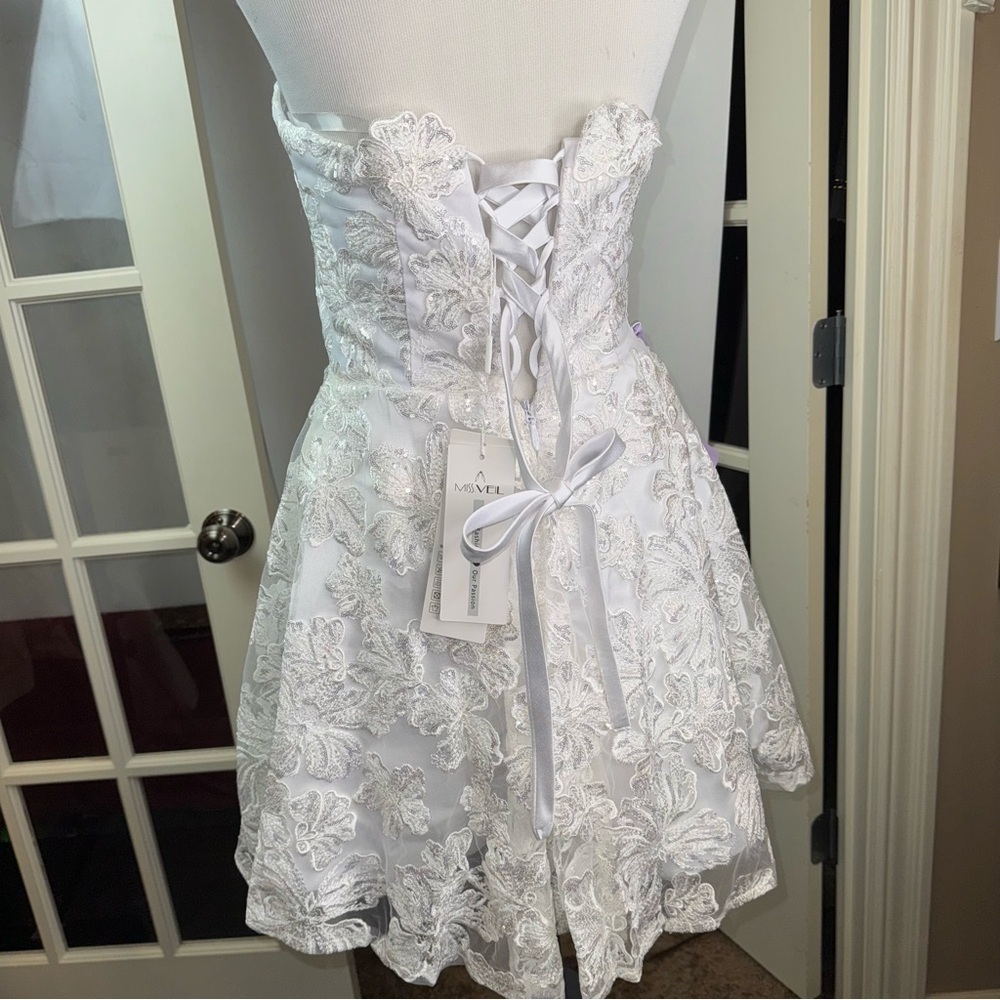 Miss Veil Wedding Lace Mini Dress Strapless Beach Wedding Prim Dance Organza Bow - Picture 6 of 16